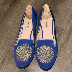 Miu Miu Royal Blue and Gold Embroidered Loafers